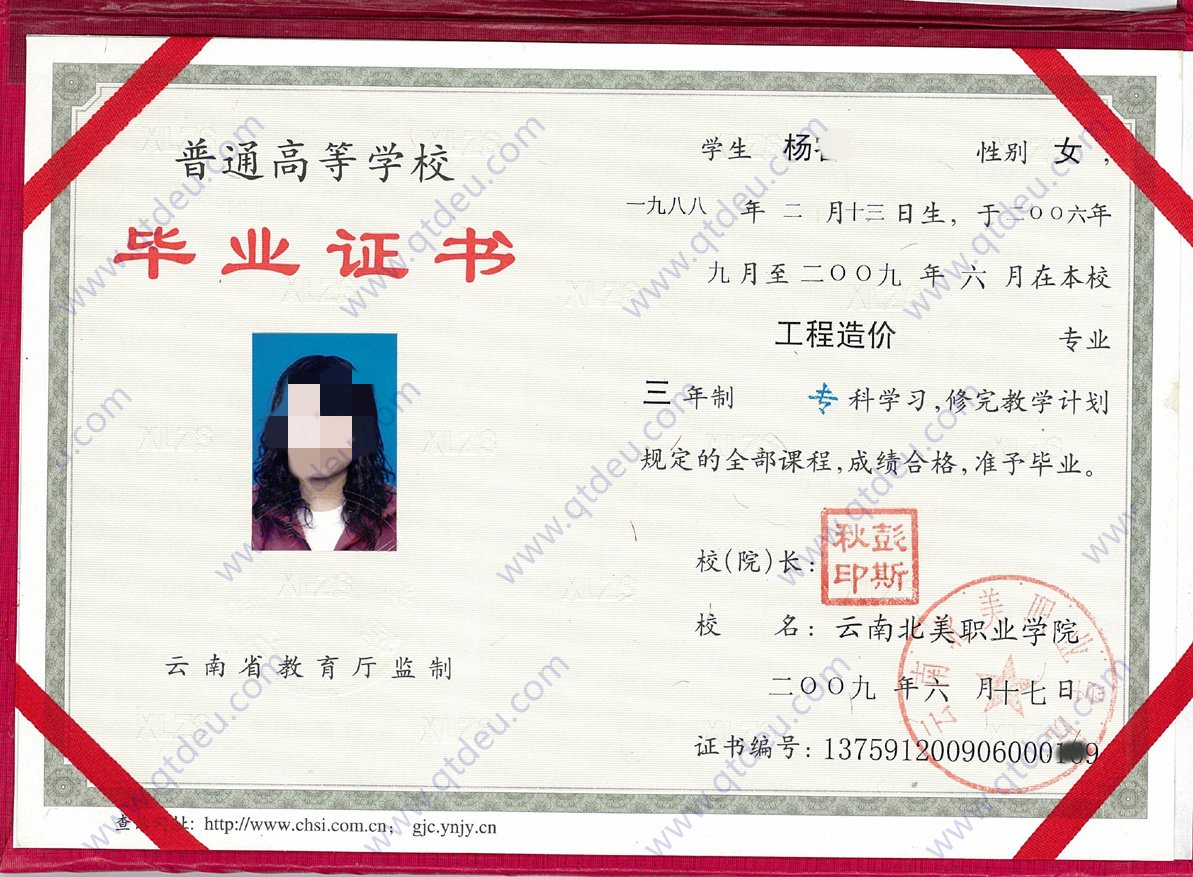云南北美职业学院09年全日制大专原版毕业证样式